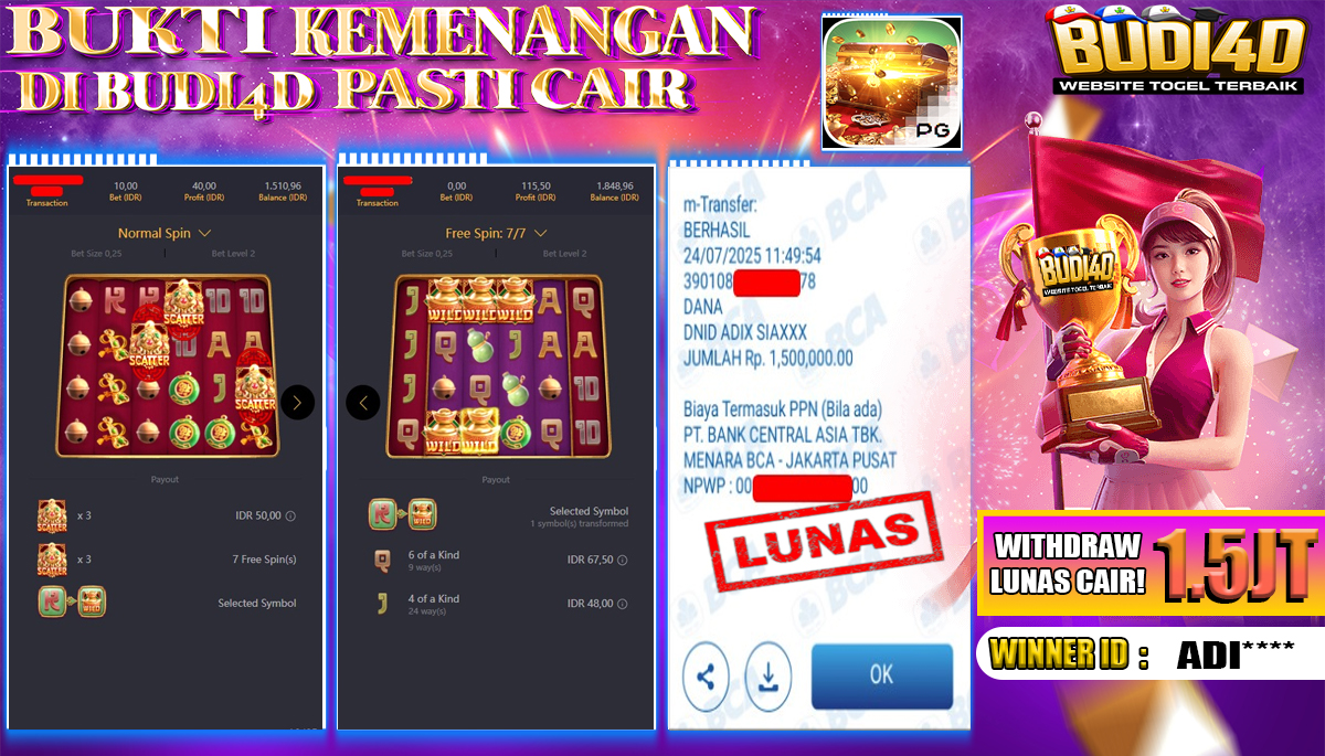 BUDI4D JACKPOT USERID: ADI*** SLOT PGSOFT JEWELS OF PROSPERITY Rp.1.500.000,- LUNAS